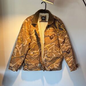 Zara Men's Tan Jacket with Abstract Pattern